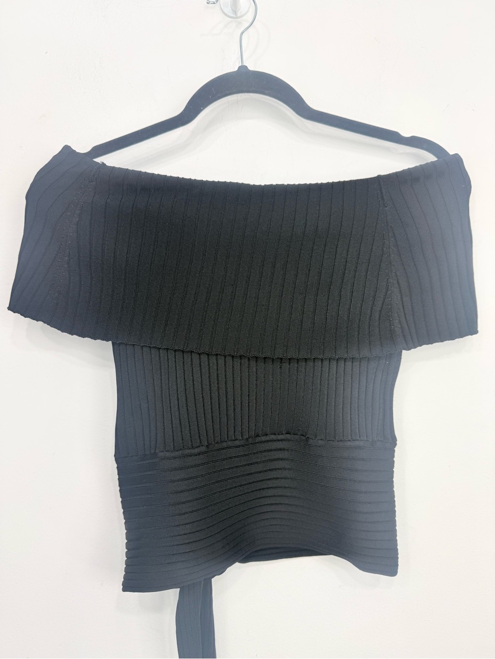 White House Black Market Black Ribbed Knit Off Shoulder Side Tie Crop Sweater - Picture 9 of 13